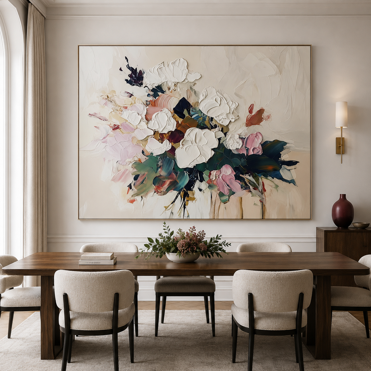 Petals in Motion-Textured Floral Oil Painting , Abstract White & Pink Flower Artwork for Home Decor