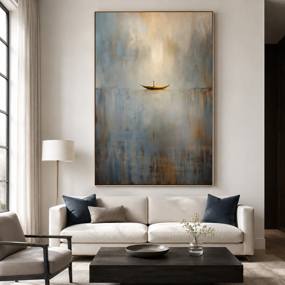 Still Passage – Surreal Abstract Boat Painting Calm Minimalist Wall Art