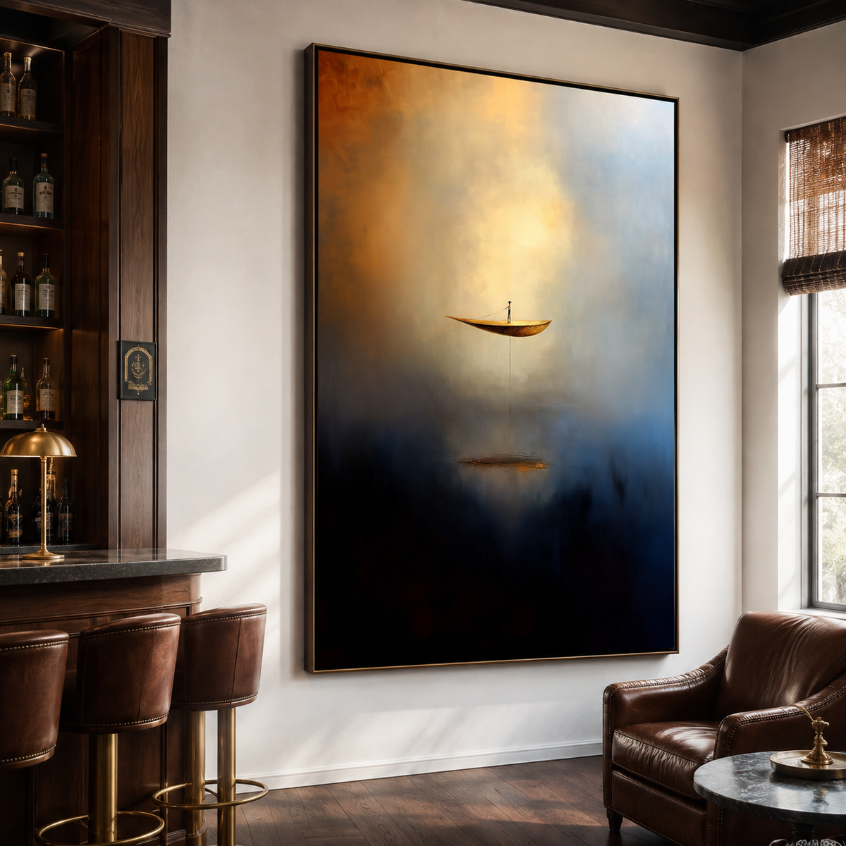 Ascend in Silence – Surreal Abstract Boat Painting Floating Man Dreamlike Wall Art