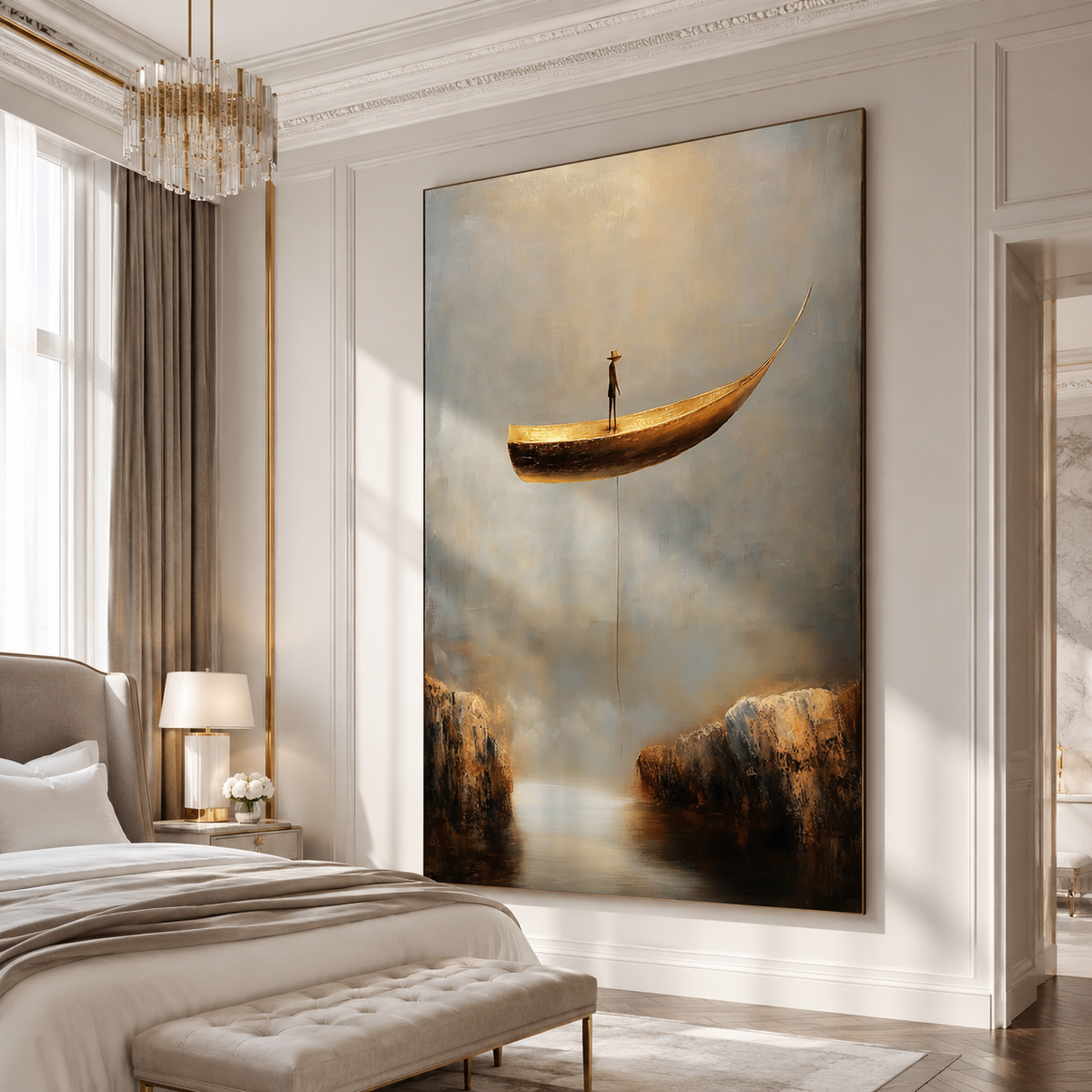 Lone Voyager – Surreal Boat Painting Floating Man in Canyon Wall Art