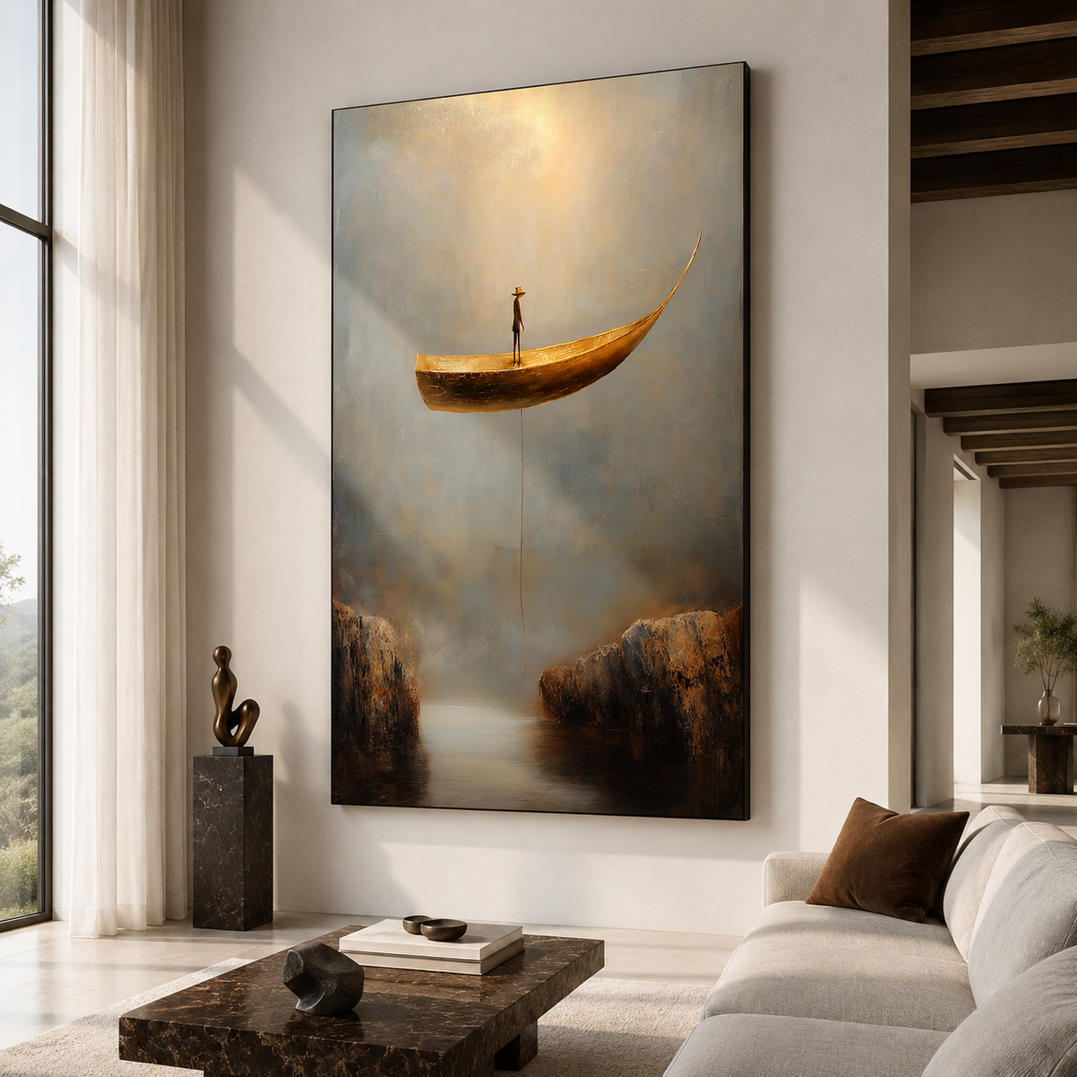 Lone Voyager – Surreal Boat Painting Floating Man in Canyon Wall Art