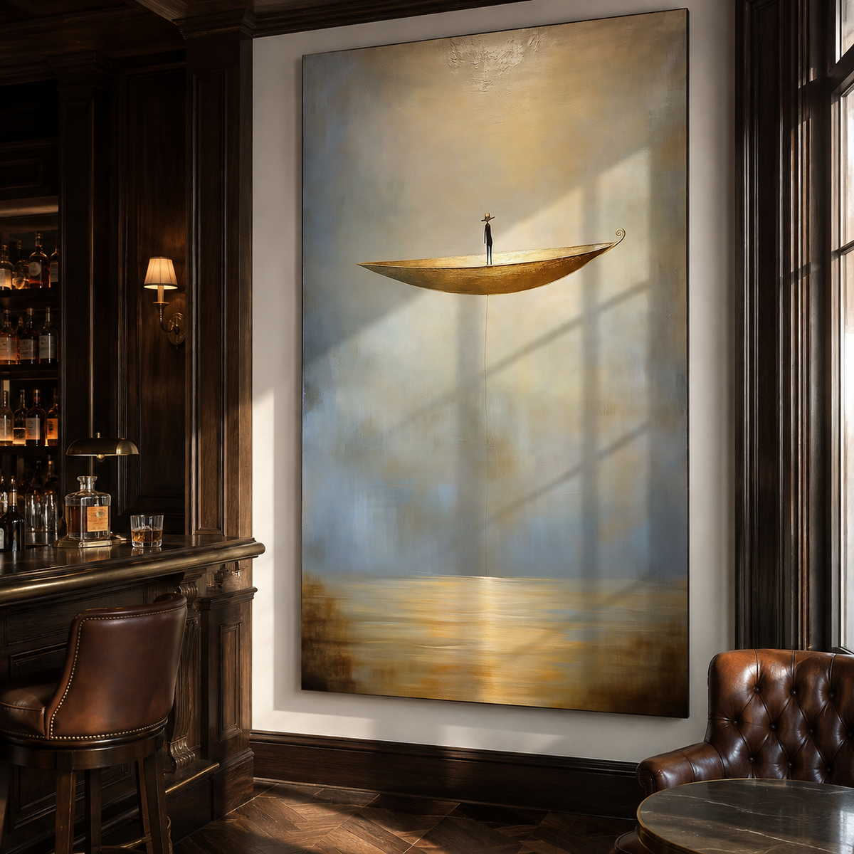 Awakening Light – Surreal Floating Boat Painting Minimalist Conceptual Canvas Art