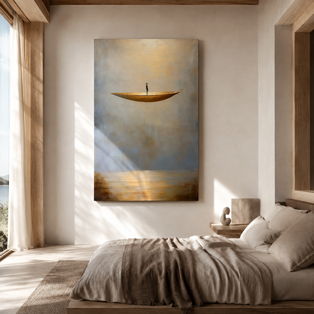 Awakening Light – Surreal Floating Boat Painting Minimalist Conceptual Canvas Art