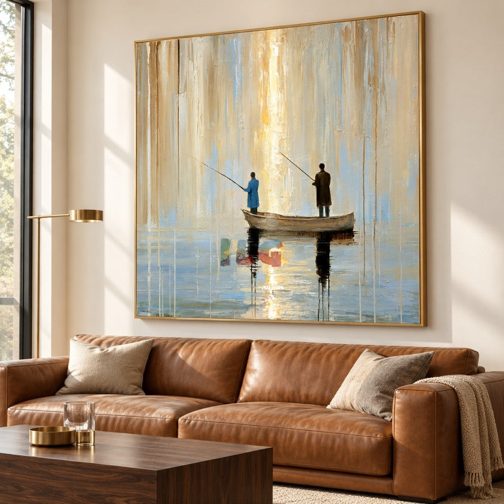 Stillwater Passage – Beige and Blue Abstract Fishing Boat Wall Art