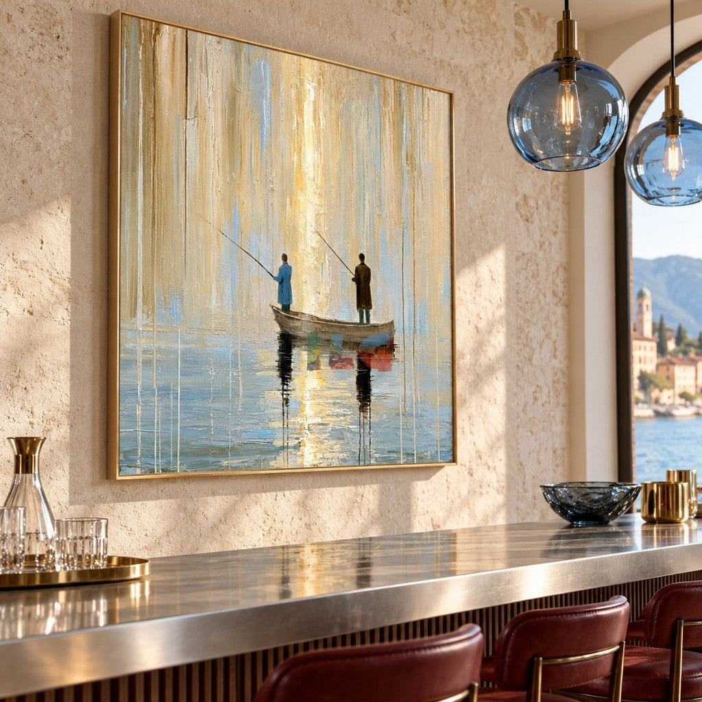 Stillwater Passage – Beige and Blue Abstract Fishing Boat Wall Art