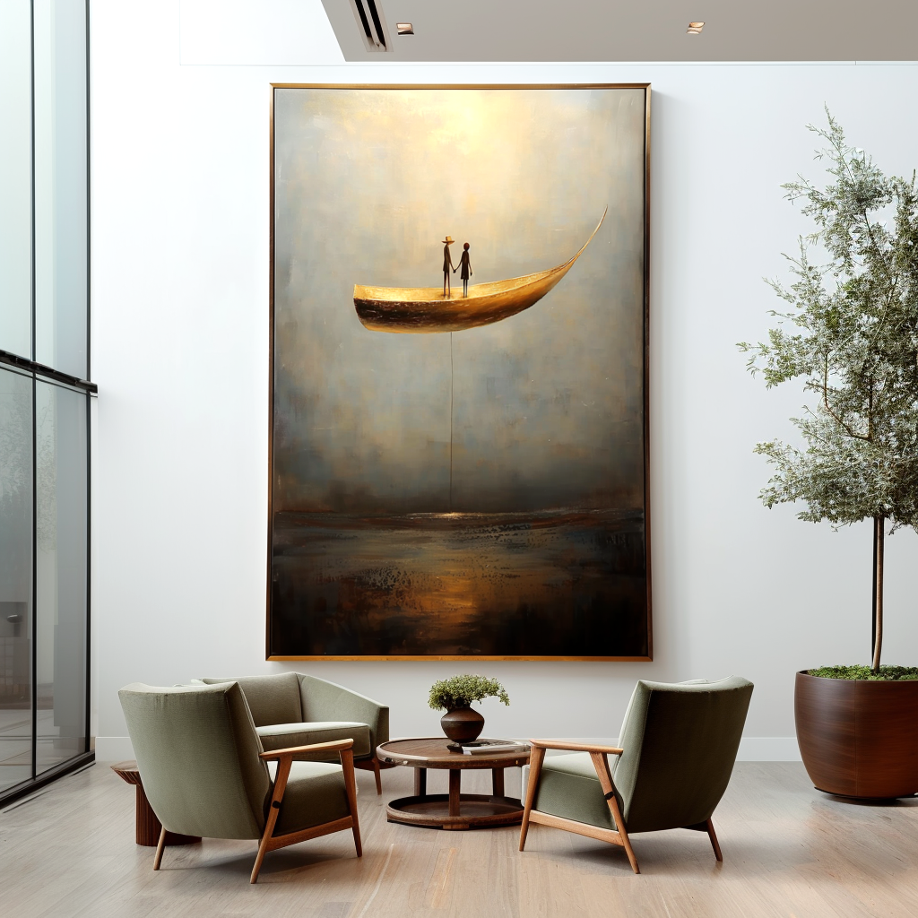 Golden Drift - Surreal Boat Figurative Oil Painting