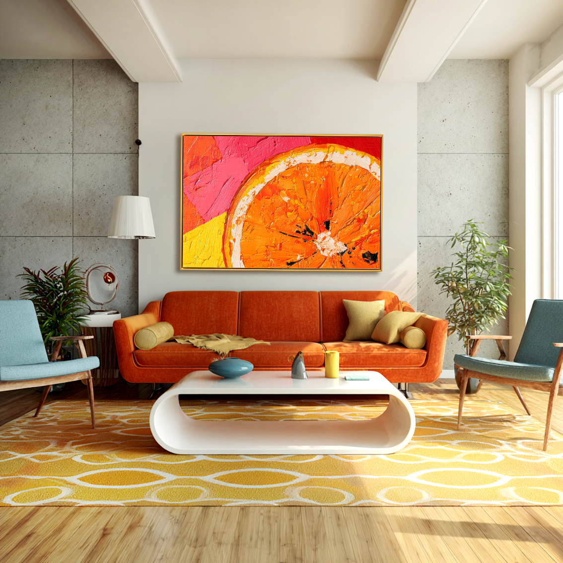 Citrus Burst — 3D Textured Orange Slice Oil Painting, Colorful Abstract Kitchen Wall Art