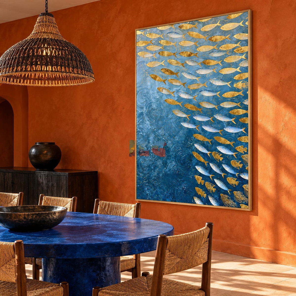 Azure Shoal – Metallic Gold and Silver Fish Wall Art