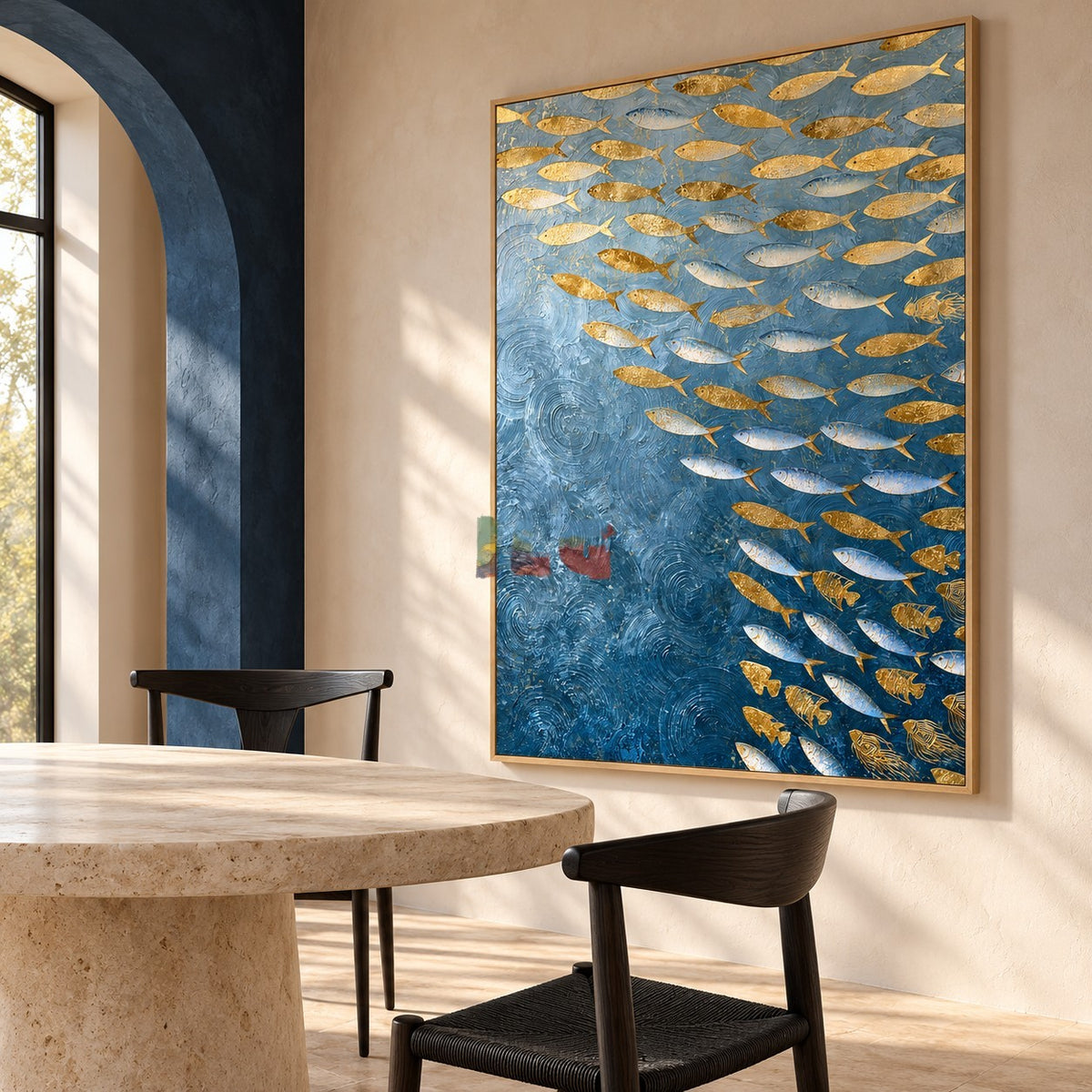 Azure Shoal – Metallic Gold and Silver Fish Wall Art