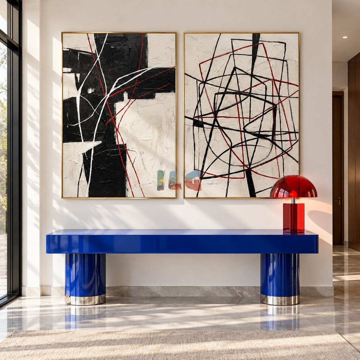 Crimson Intersections – Black, Ivory and Red Abstract Diptych Wall Art