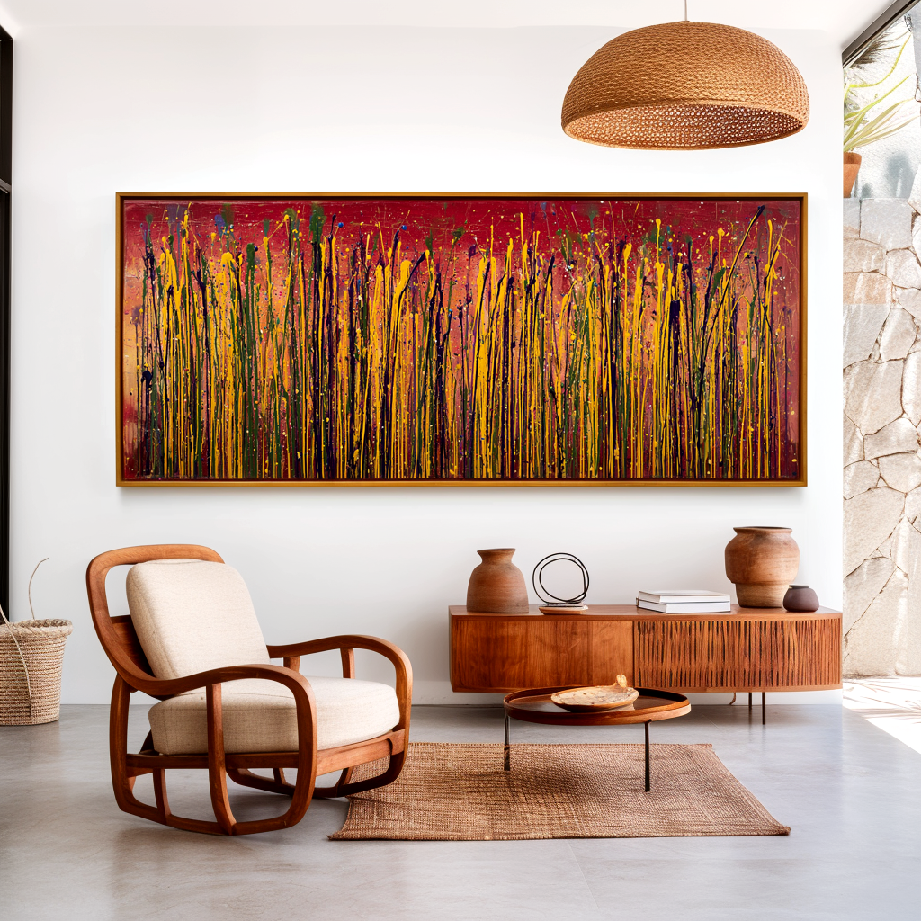 Crimson Meadow - Large Textured Abstract Panoramic Oil Painting