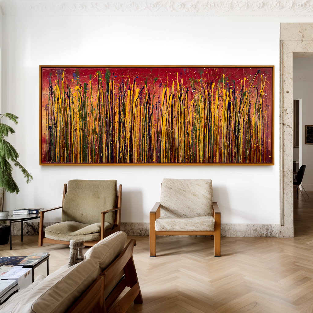 Crimson Meadow - Large Textured Abstract Panoramic Oil Painting