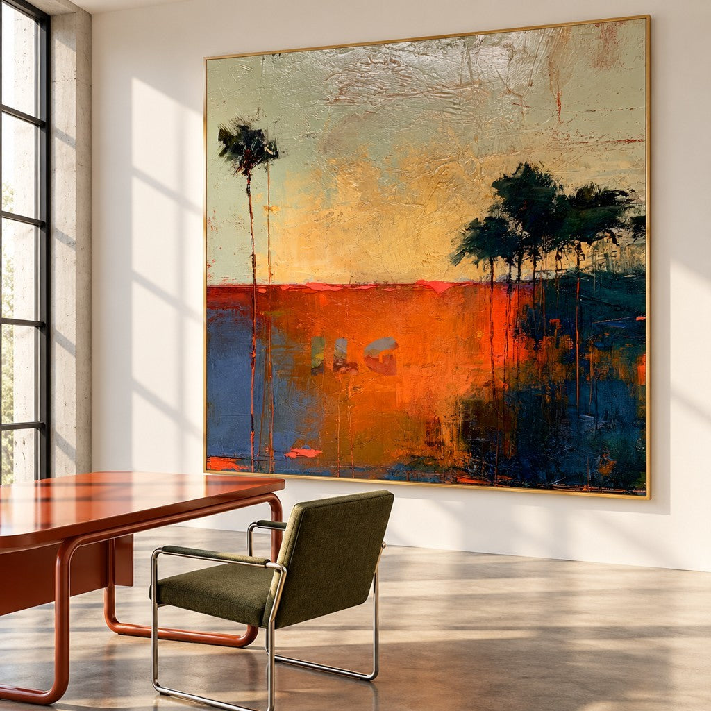 Emberlight Horizon – Orange and Teal Textured Abstract Landscape Wall Art