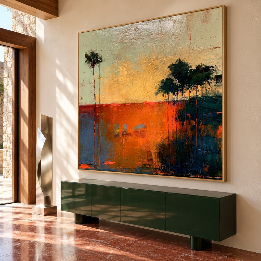 Emberlight Horizon – Orange and Teal Textured Abstract Landscape Wall Art