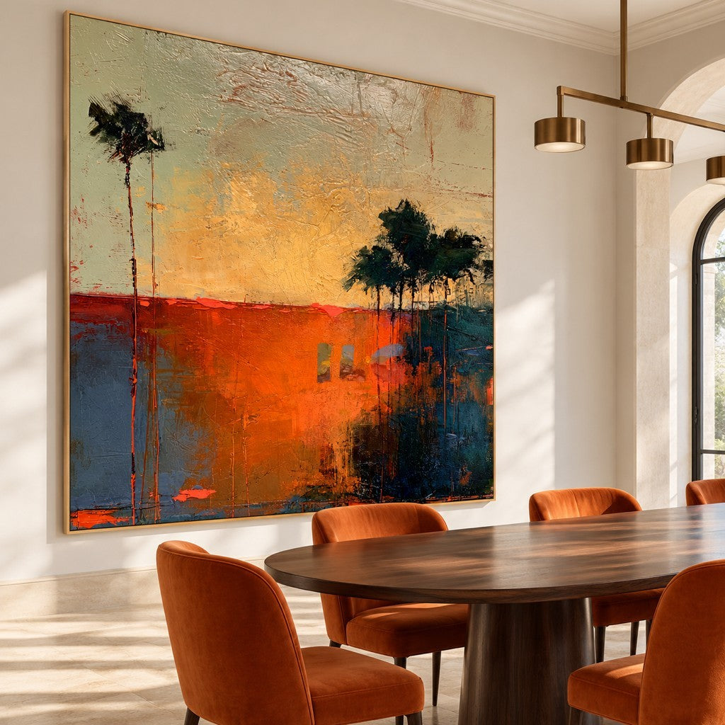 Emberlight Horizon – Orange and Teal Textured Abstract Landscape Wall Art