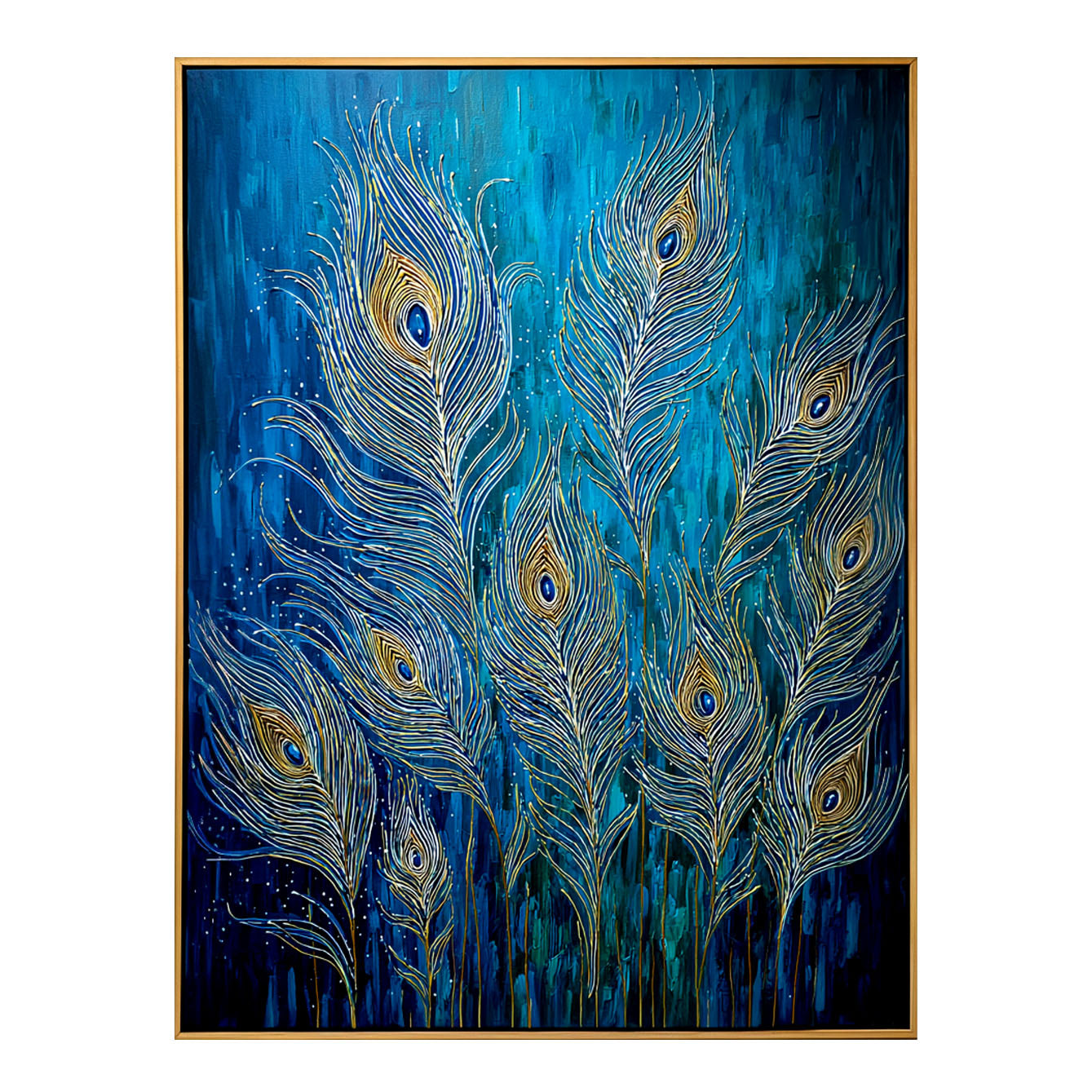 Ethereal Plume - Textured Blue and Gold Feather Oil Painting