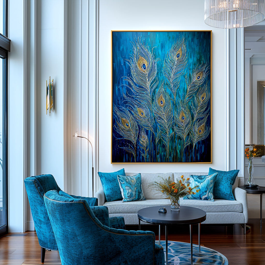 Ethereal Plume - Textured Blue and Gold Feather Oil Painting