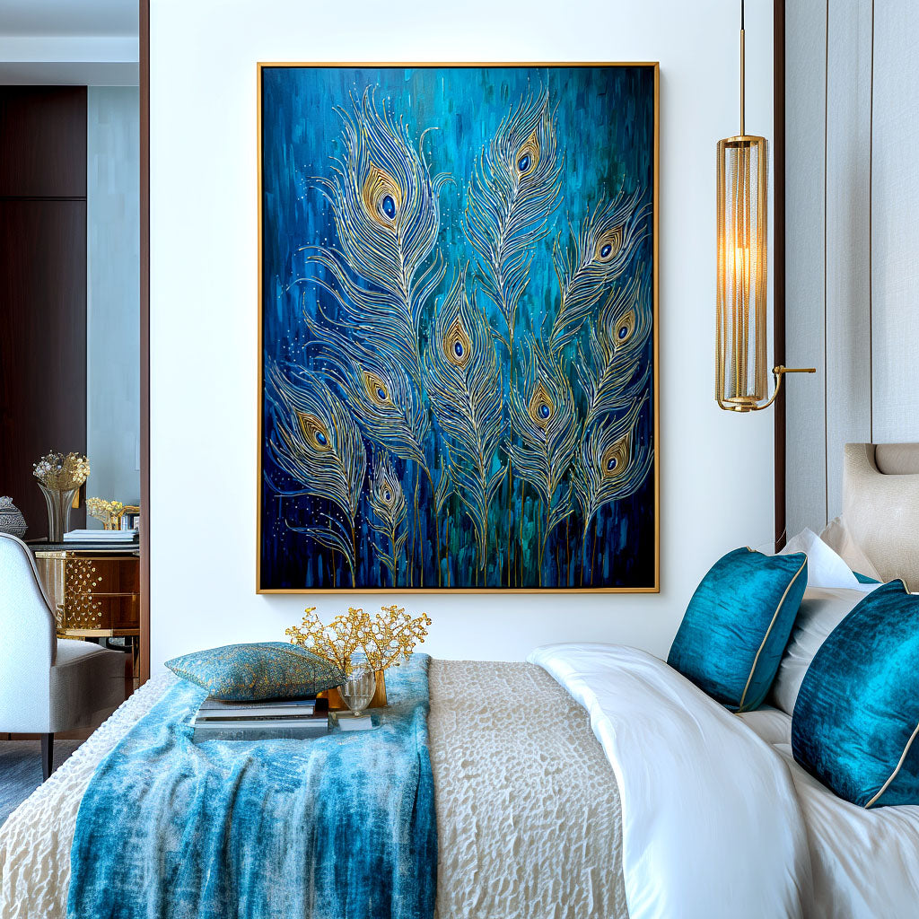 Ethereal Plume - Textured Blue and Gold Feather Oil Painting