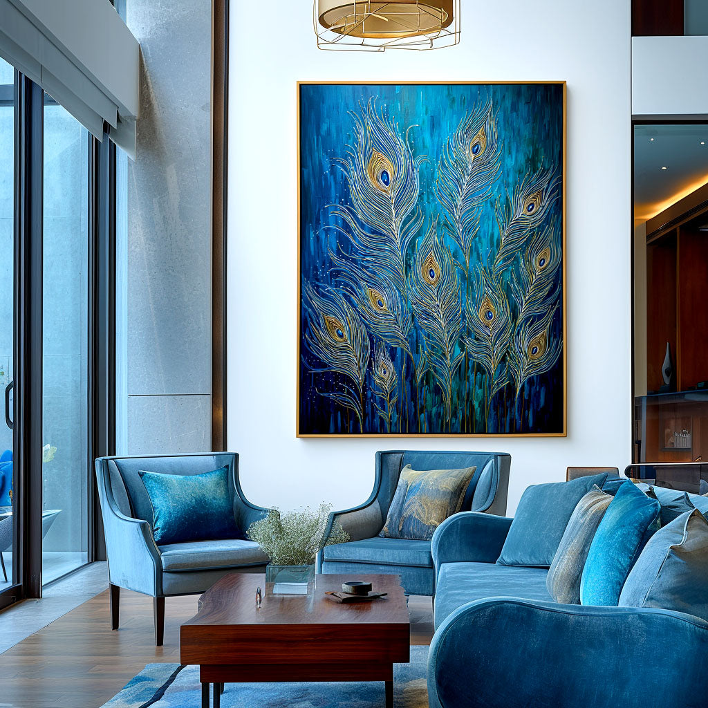 Ethereal Plume - Textured Blue and Gold Feather Oil Painting