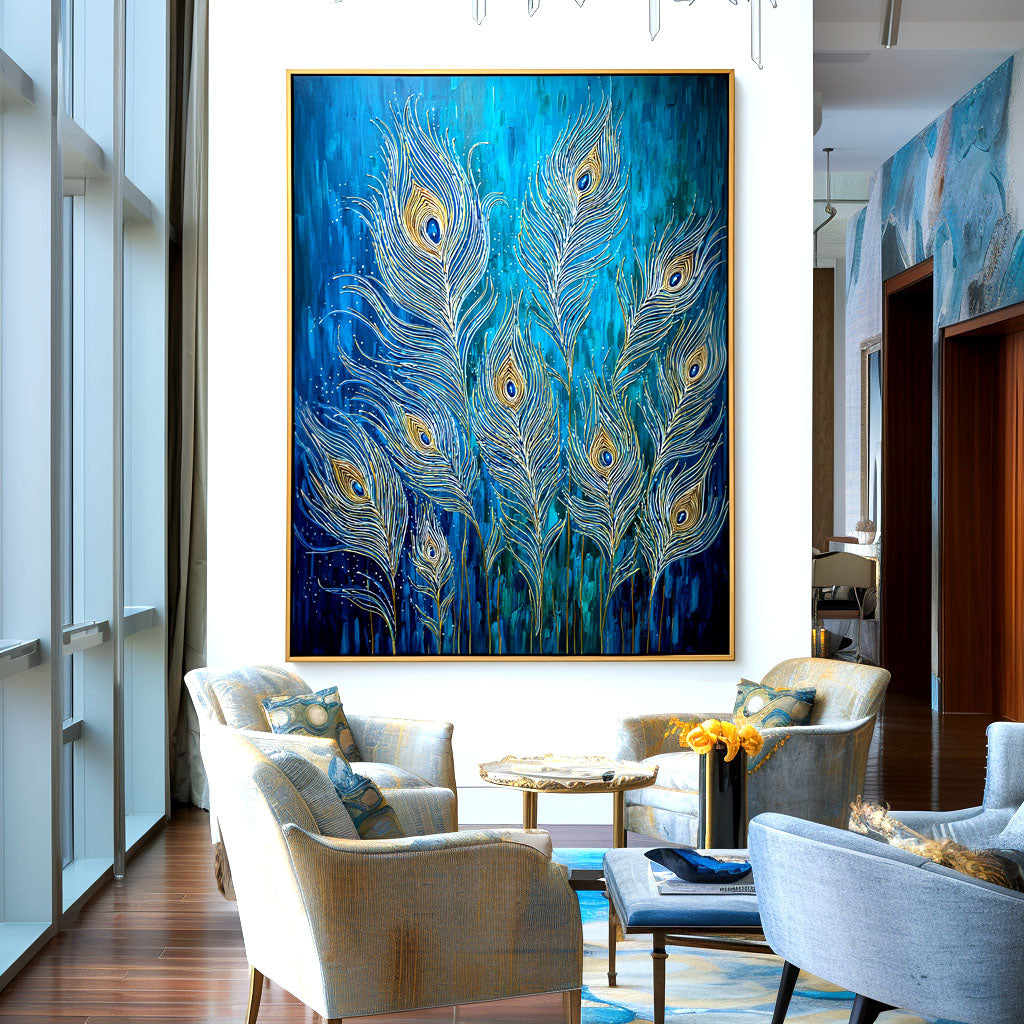 Ethereal Plume - Textured Blue and Gold Feather Oil Painting