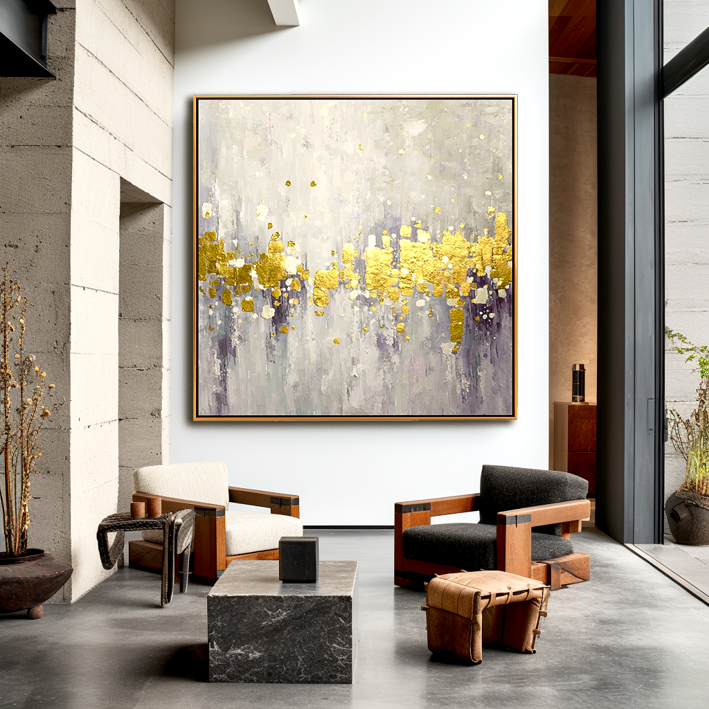 Golden Echoes - Abstract Gold Leaf Oil Painting, Modern Textured Canvas Wall Art