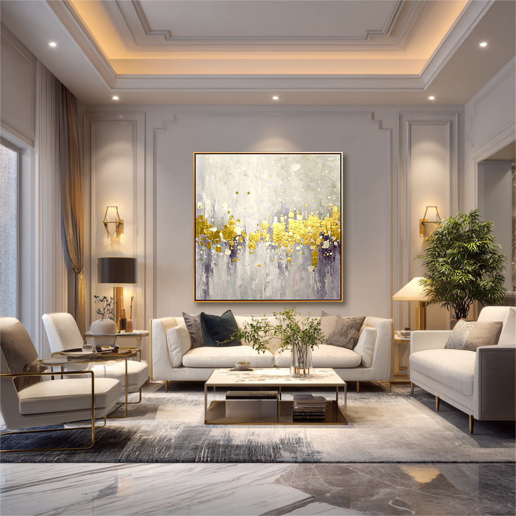 Golden Echoes - Abstract Gold Leaf Oil Painting, Modern Textured Canvas Wall Art