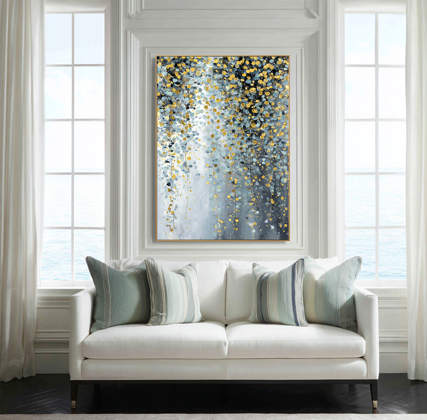 Golden Mist - Textured Blue Gray and Gold Abstract Oil Painting