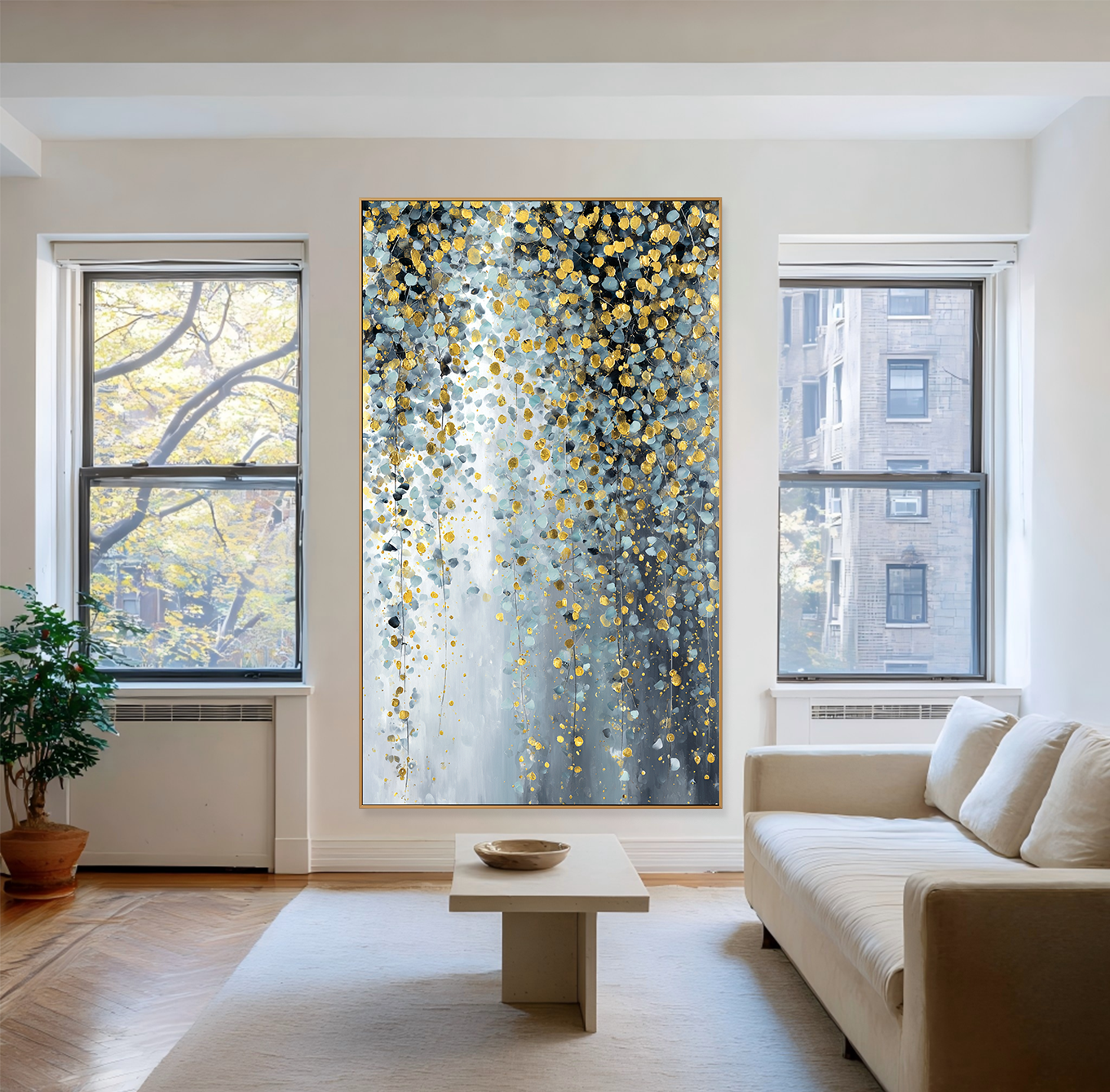 Golden Mist - Textured Blue Gray and Gold Abstract Oil Painting