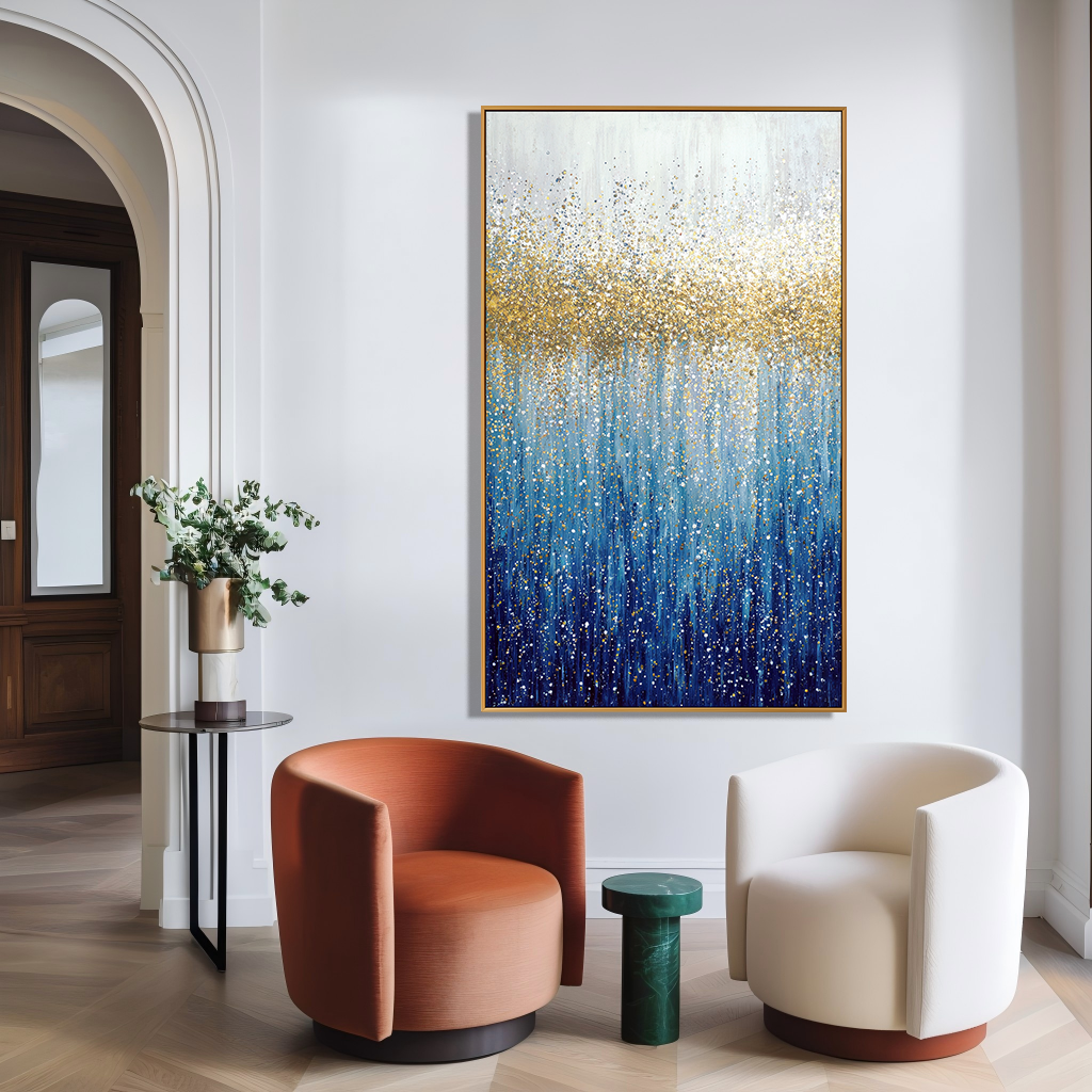 Golden Tide - Textured Blue and Gold Abstract Oil Painting