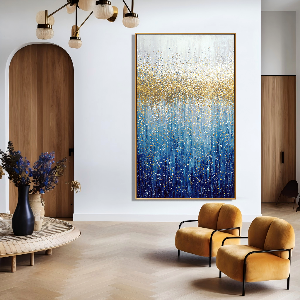 Golden Tide - Textured Blue and Gold Abstract Oil Painting