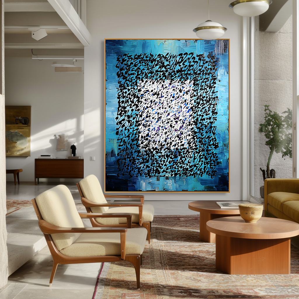 Ocean Cipher - Contemporary Blue Abstract Oil Painting