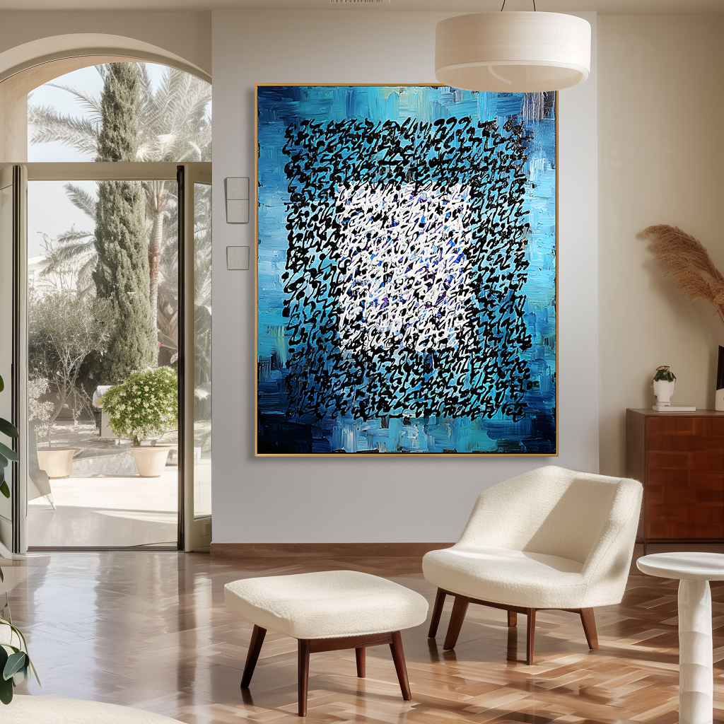 Ocean Cipher - Contemporary Blue Abstract Oil Painting
