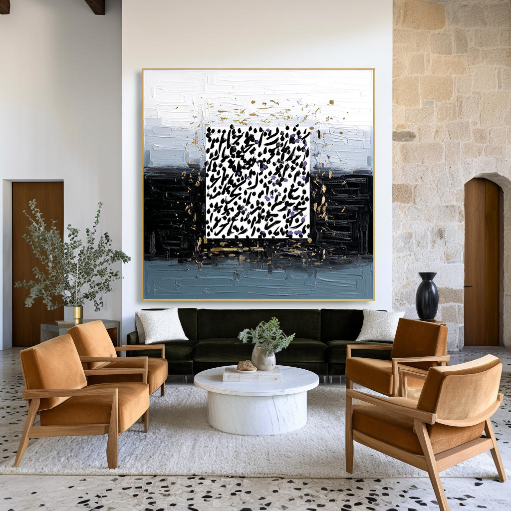 Quiet Script - Contemporary Black and White Abstract Oil Painting