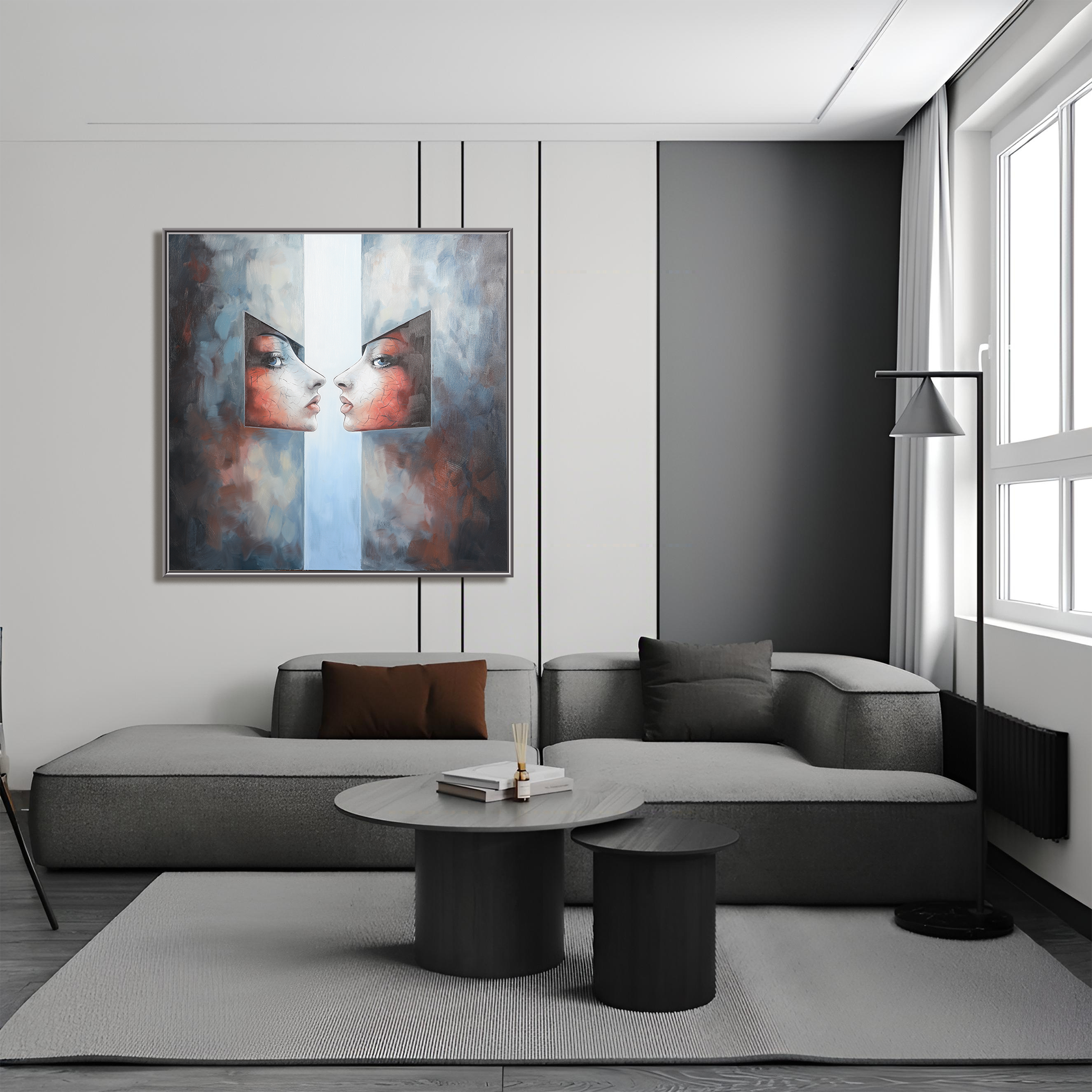 Dual Reflections – Abstract Figurative Oil Painting, Modern Surreal Portrait Wall Art for Living Room