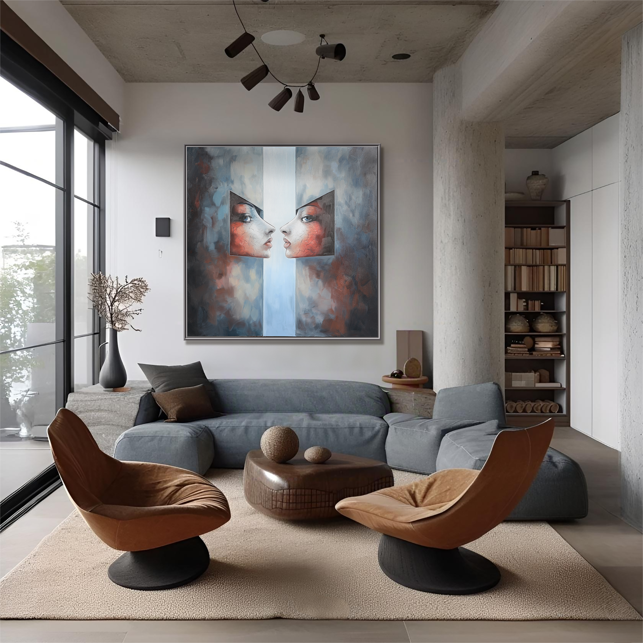 Dual Reflections – Abstract Figurative Oil Painting, Modern Surreal Portrait Wall Art for Living Room