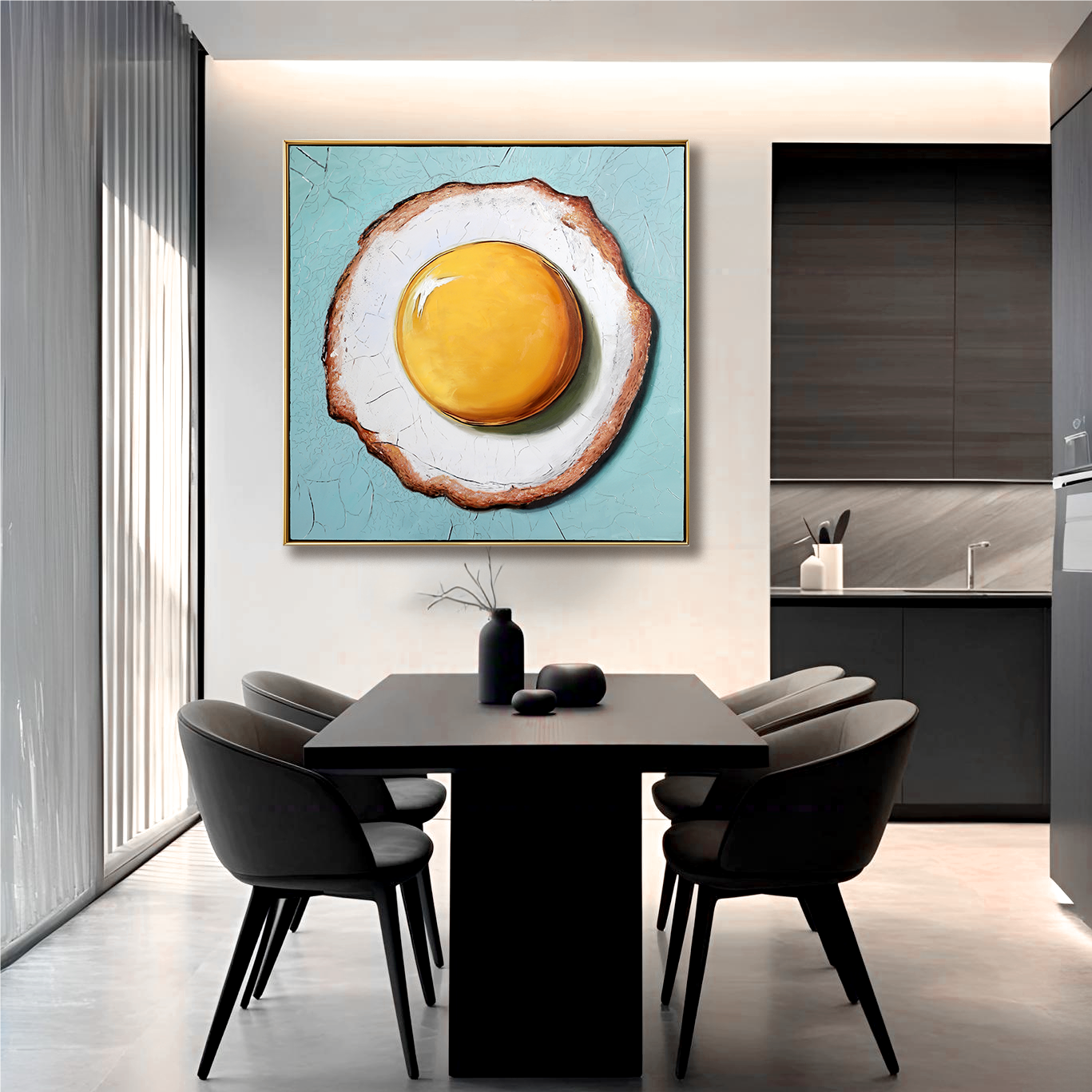 Sunny Muse – Textured Pop Art Egg Oil Painting, Modern Kitchen Wall Art for Dining Room or Café Décor