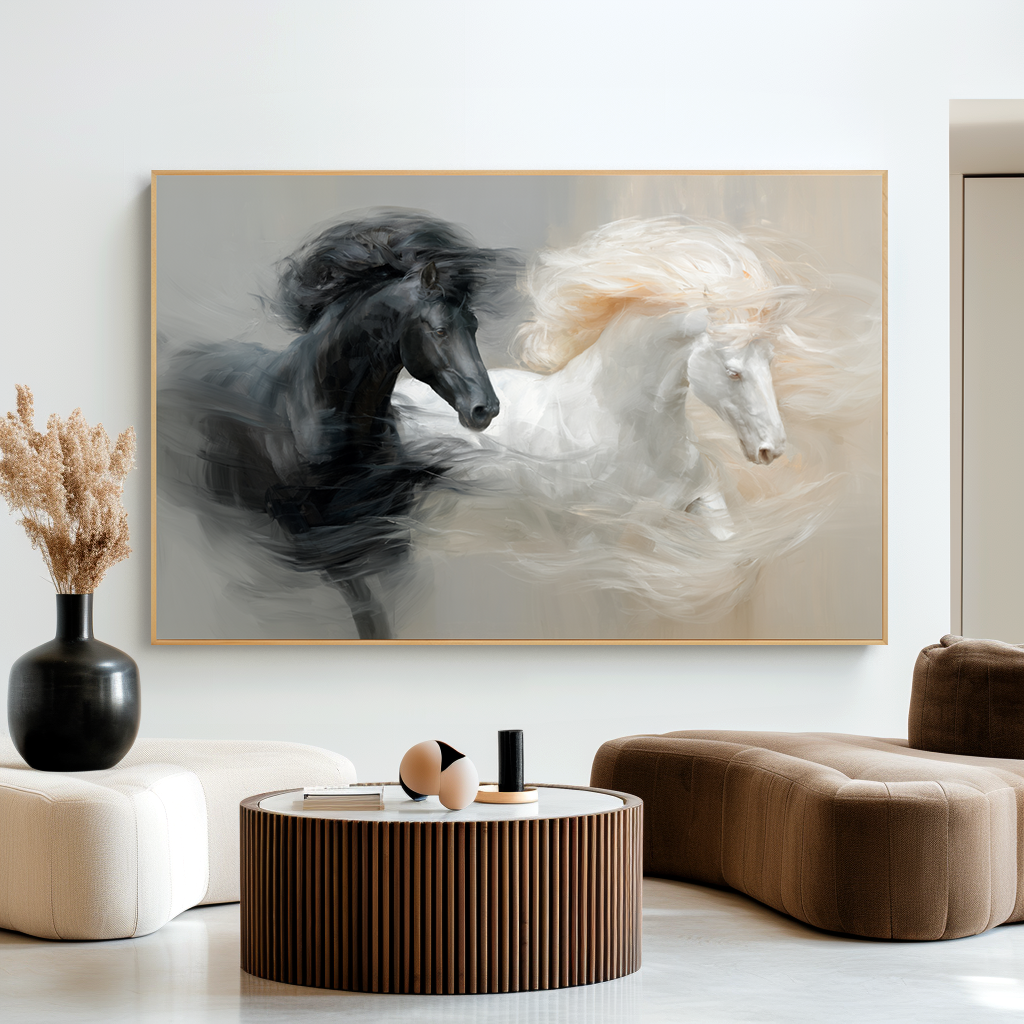Balanced Motion - Black and White Horse Canvas Art
