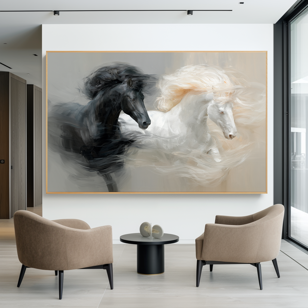 Balanced Motion - Black and White Horse Canvas Art