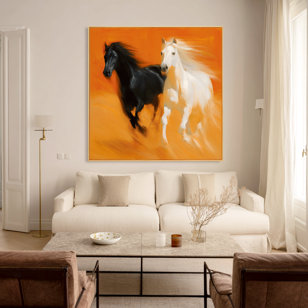 Dual Motion - Black and White Horse Canvas Art