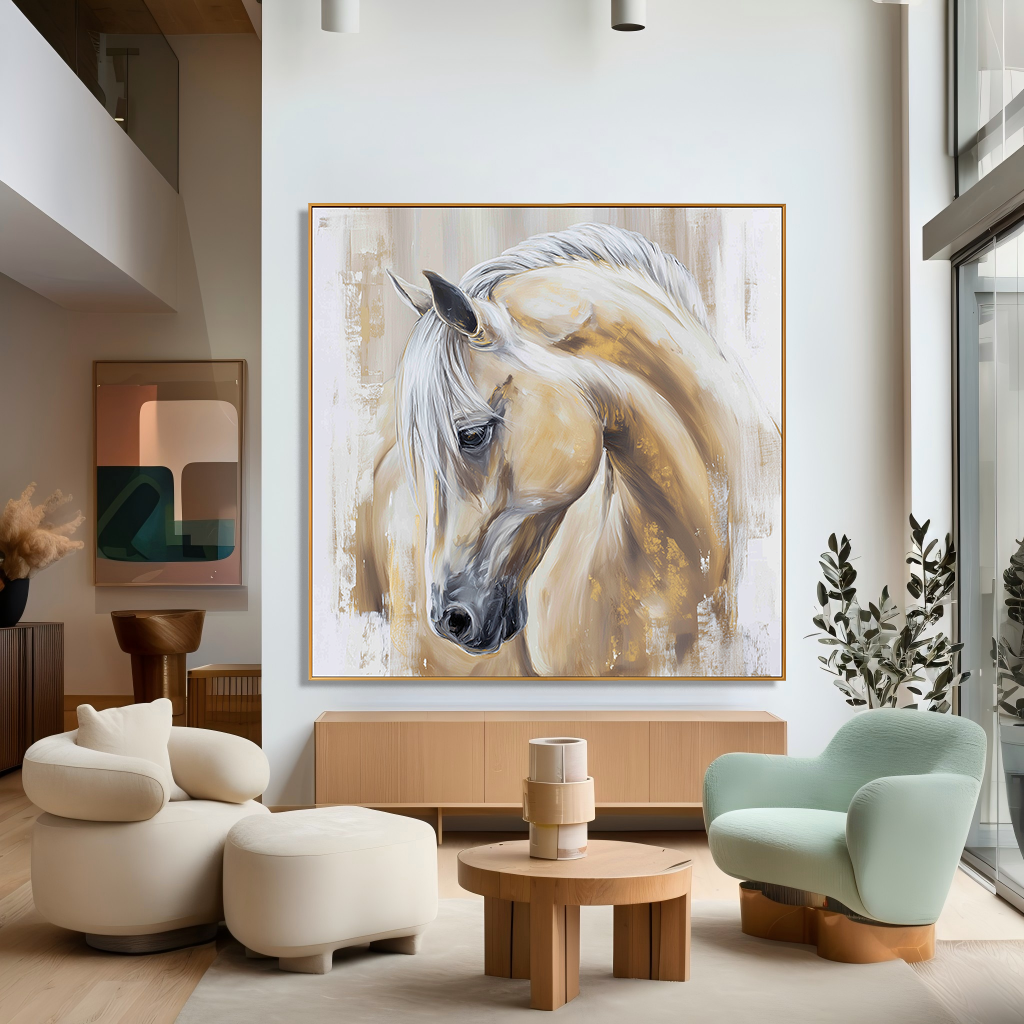 Golden Grace - Modern White Horse Portrait Oil Painting