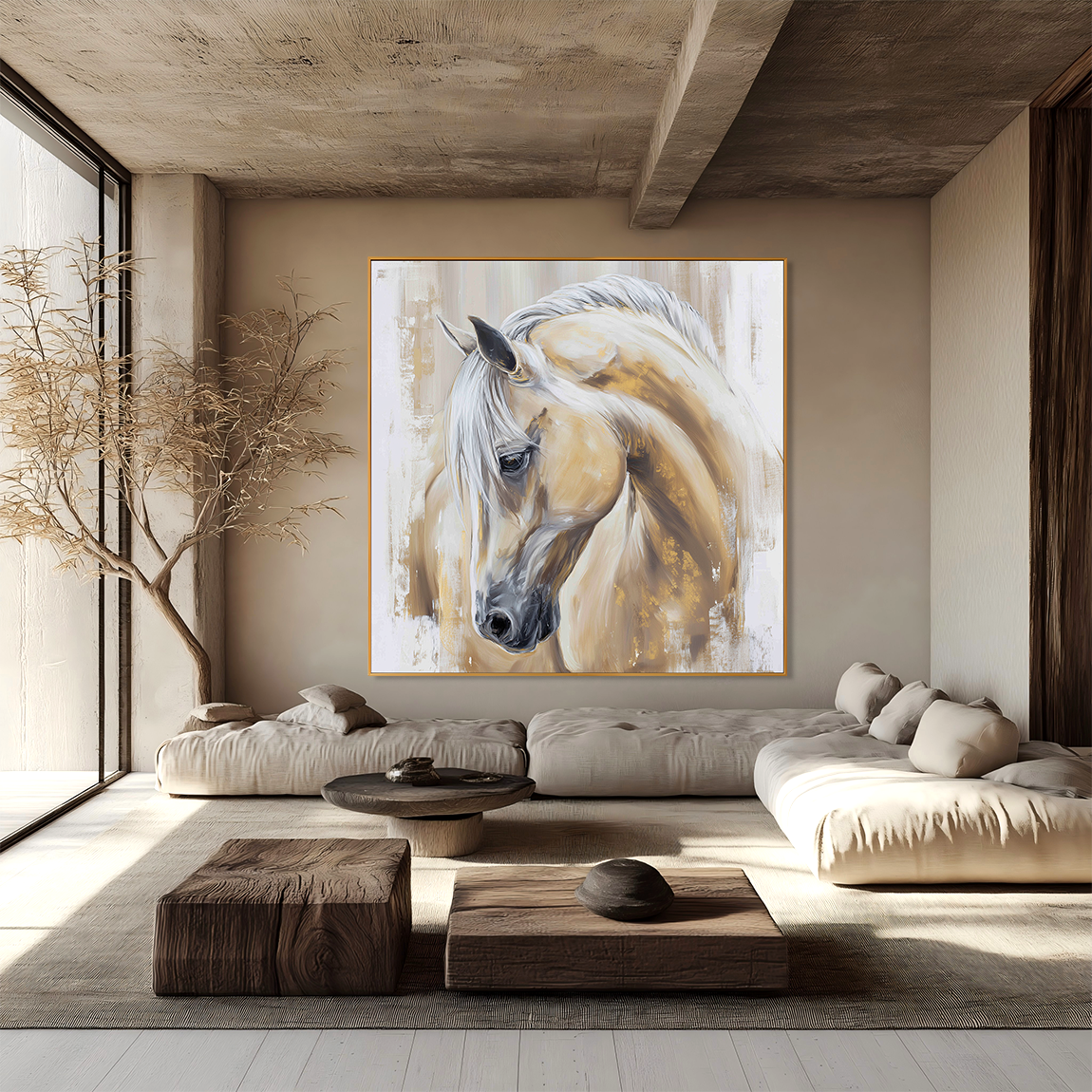 Golden Grace - Modern White Horse Portrait Oil Painting