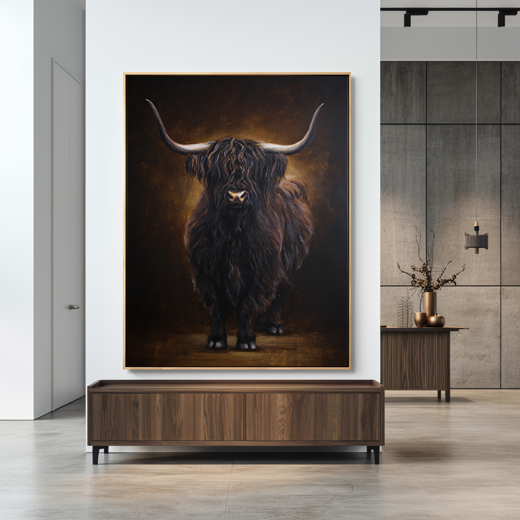 Shadow Highland - Dramatic Highland Cow Oil Painting