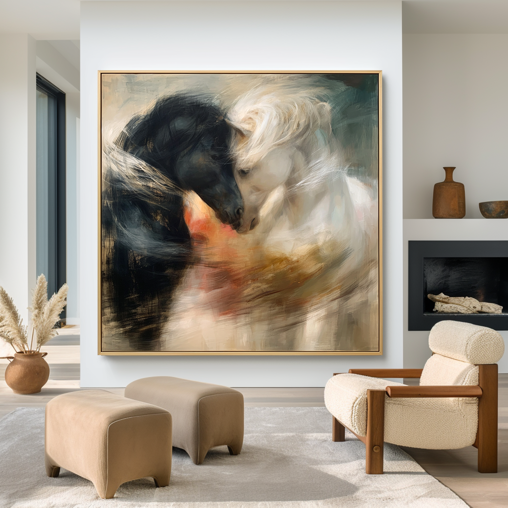 Silent Bond - Black and White Horse Canvas Art