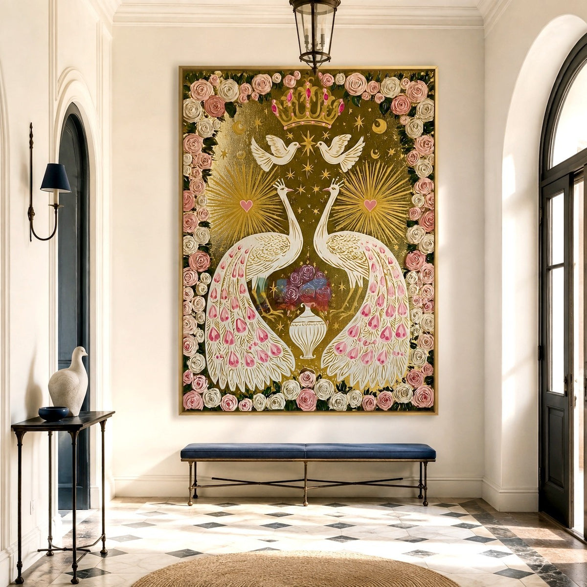 Crowned Peacock Romance – Ornate Floral Bird Wall Art