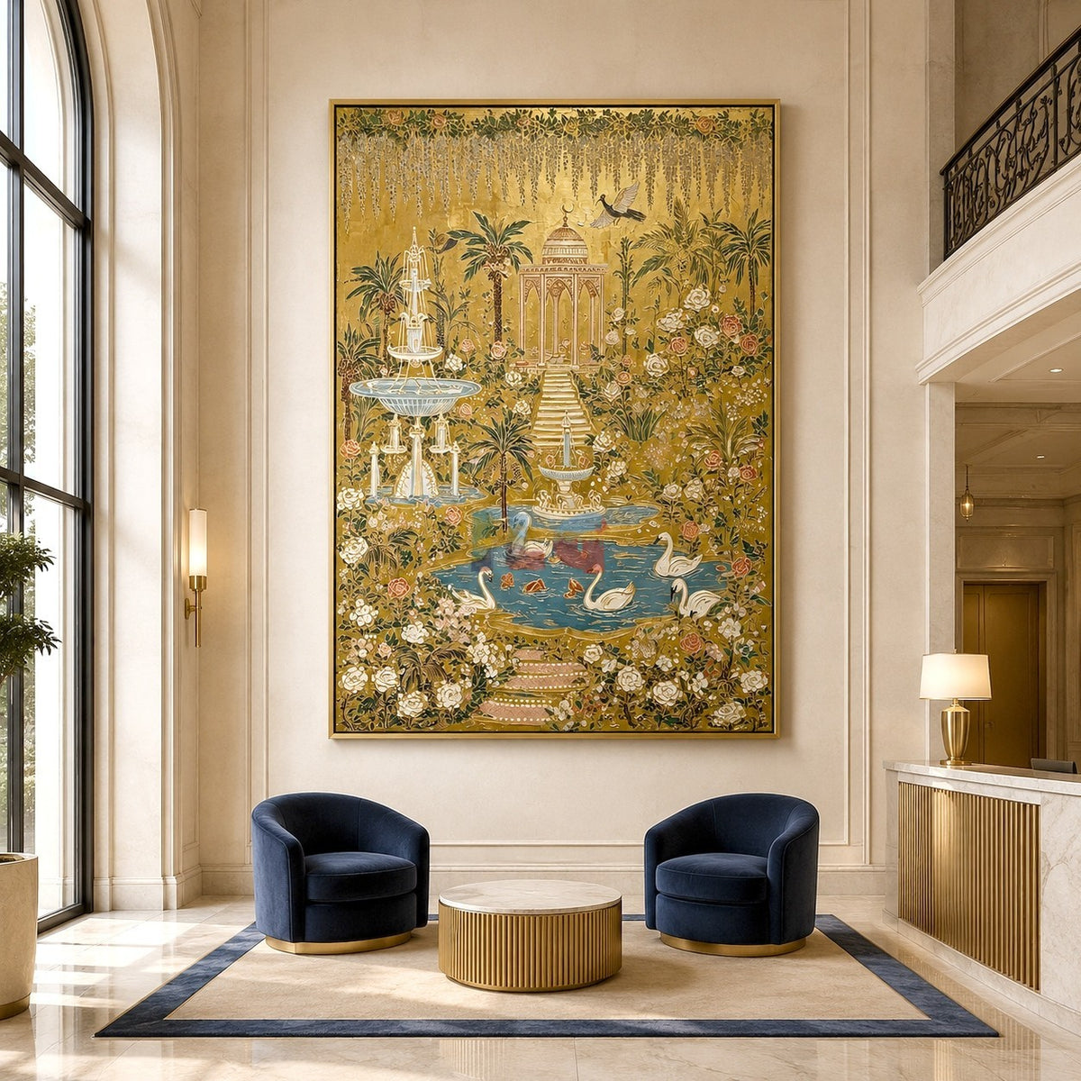 Golden Swan Palace Garden – Ornate Botanical Wall Art