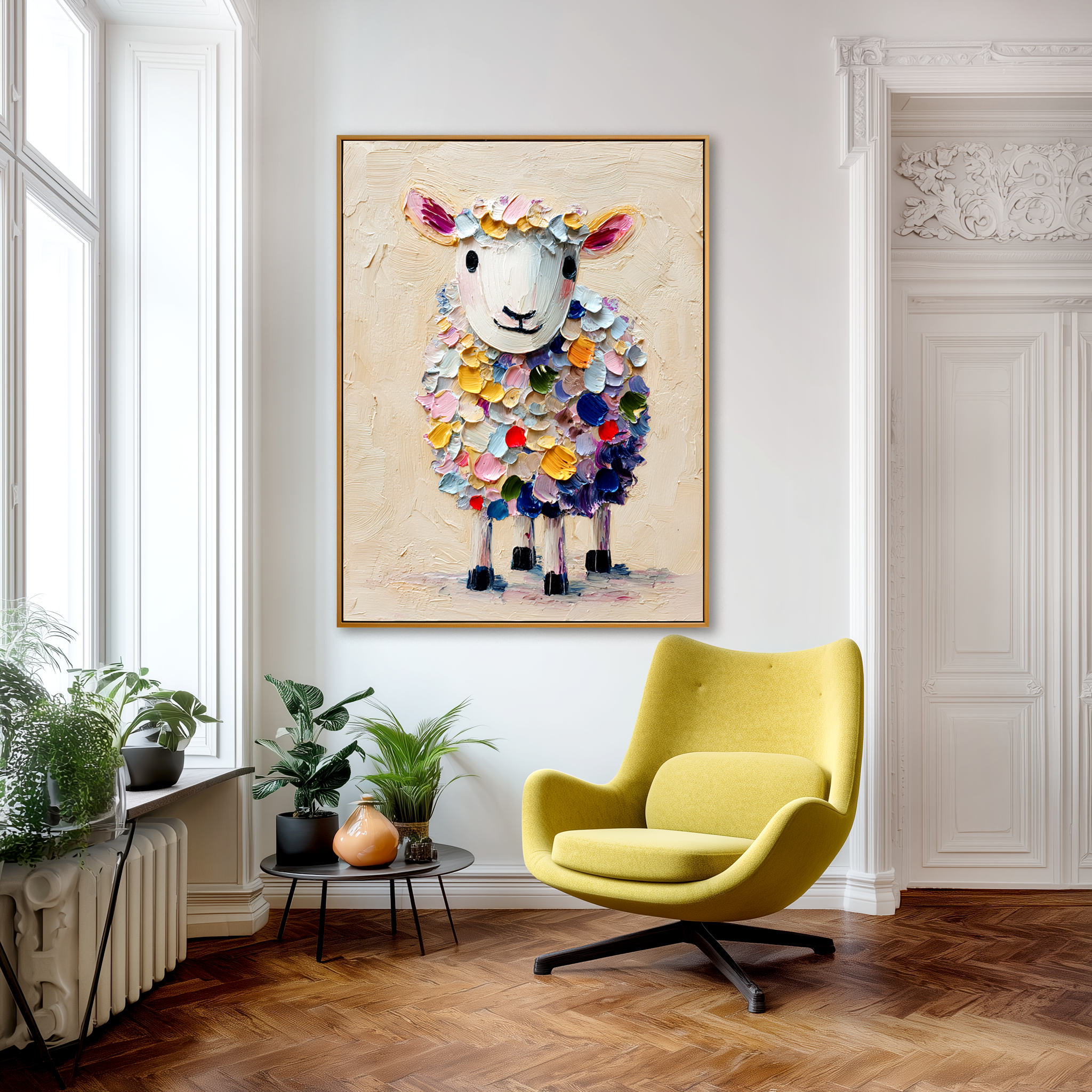 Hand-Painted Colorful Sheep Wall Art – Textured Animal Canvas Painting for Modern Homes