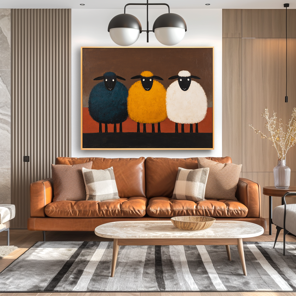 Hand-Painted Sheep Wall Art – Minimalist Animal Canvas Painting for Modern Home Decor