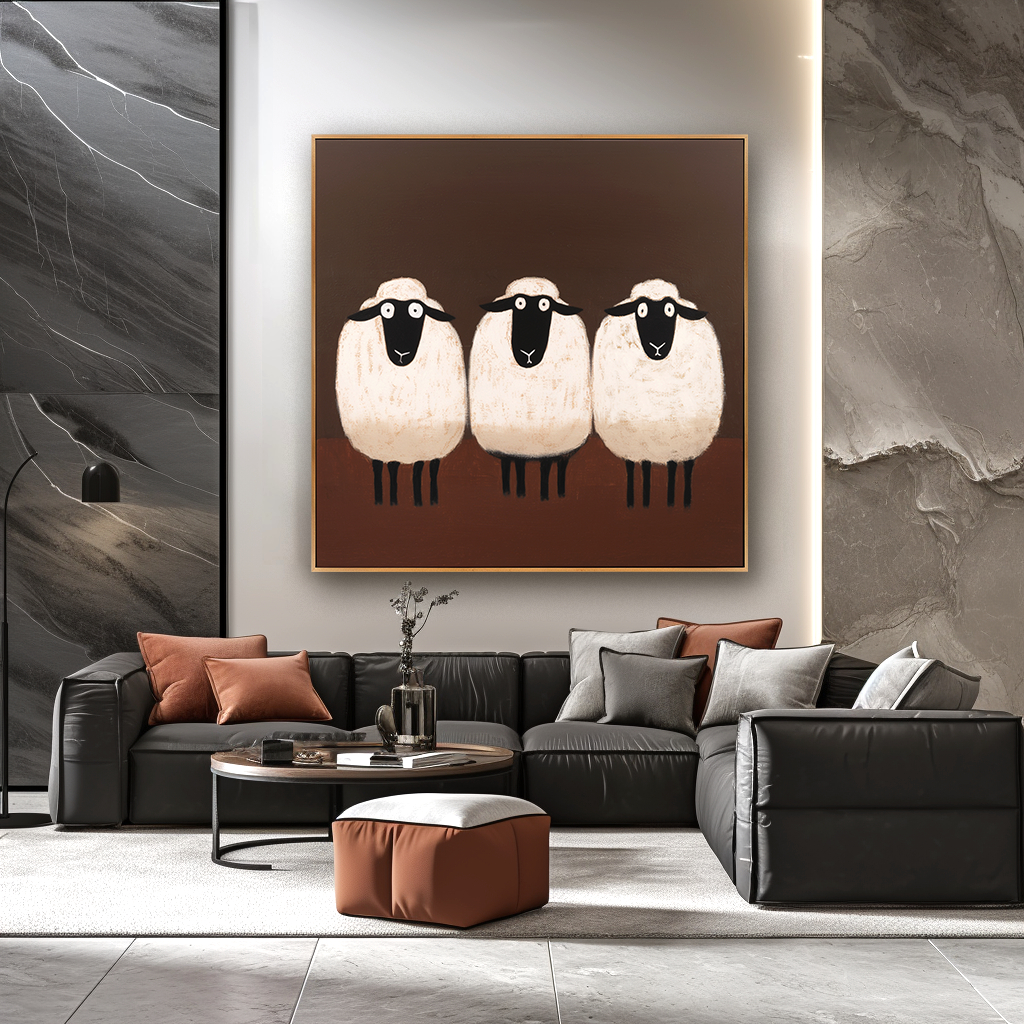 Hand-Painted Sheep Wall Art – Minimalist Animal Painting for Modern Home Decor
