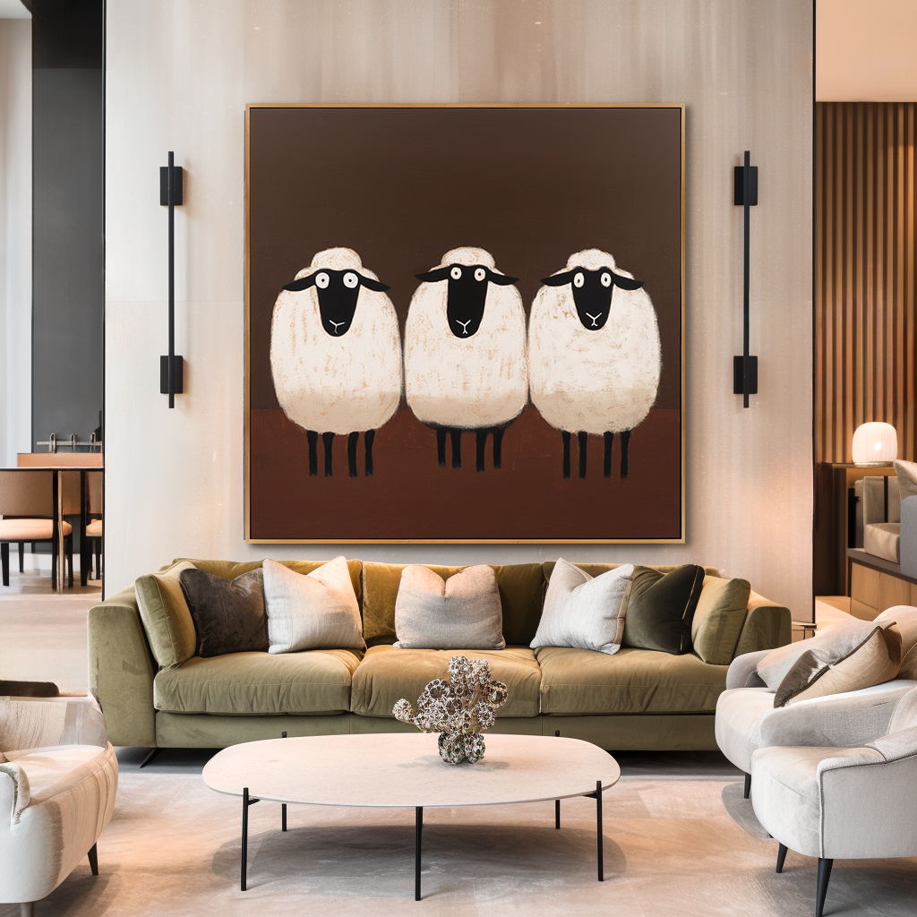 Hand-Painted Sheep Wall Art – Minimalist Animal Painting for Modern Home Decor