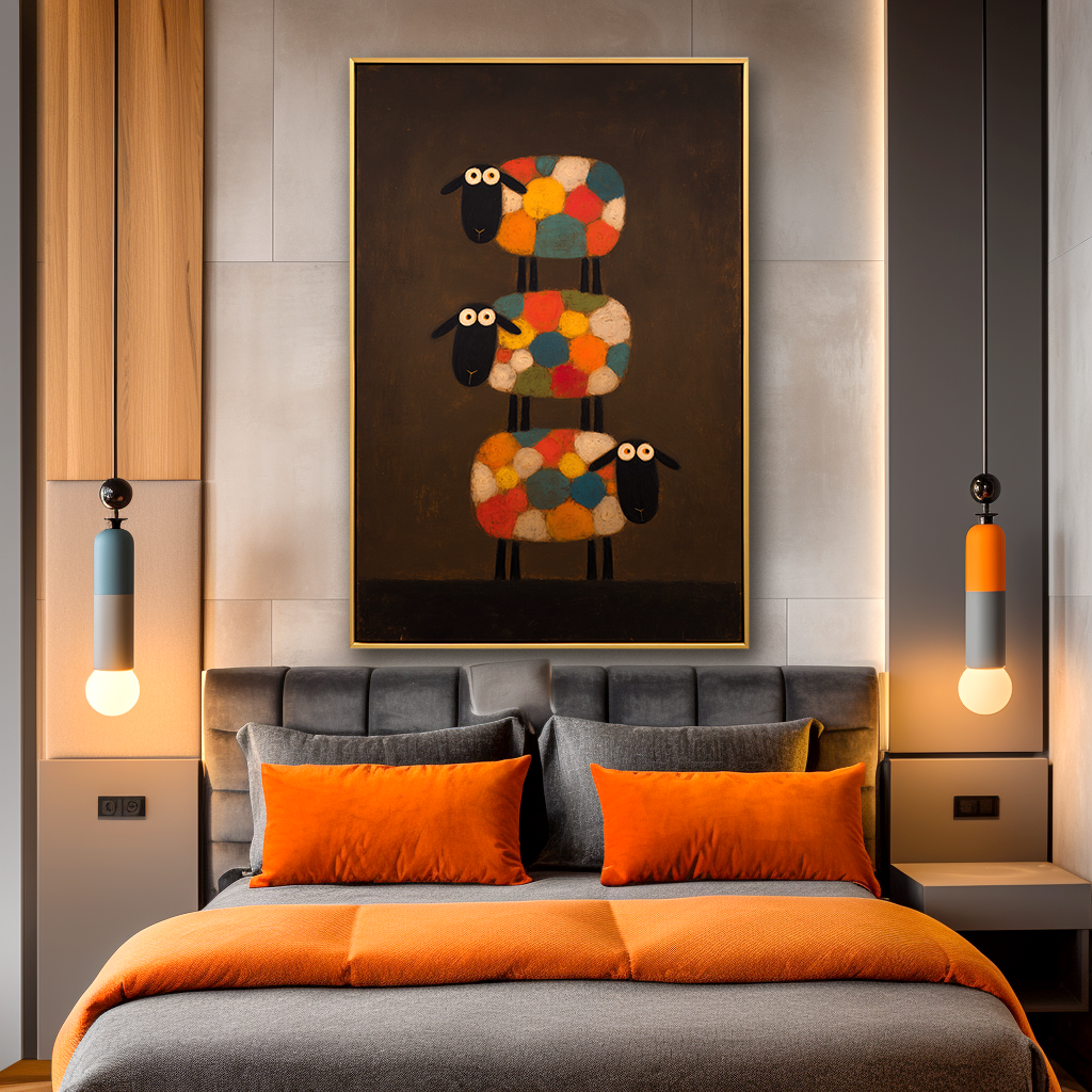 Hand-Painted Stacked Sheep Wall Art – Minimalist Animal Canvas Painting for Modern Home Decor